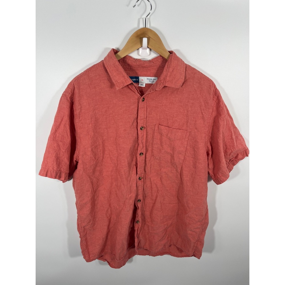 Old Navy Mens Linen Blend Button Up‎ Everyday Shirt Red Euro Summer Lightweight